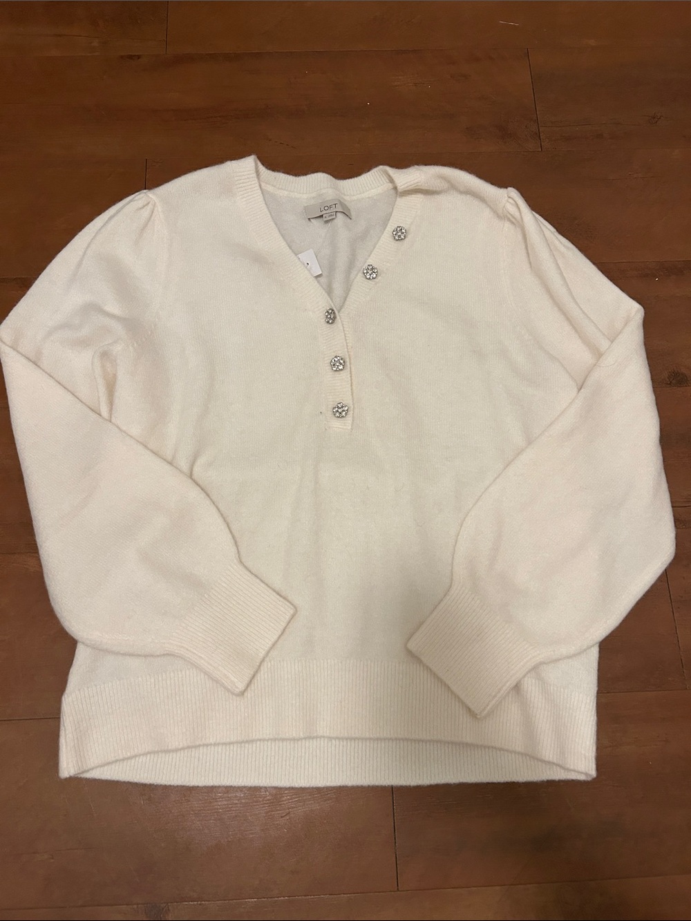 LOFT Cream V-Neck Button Detail Sweater